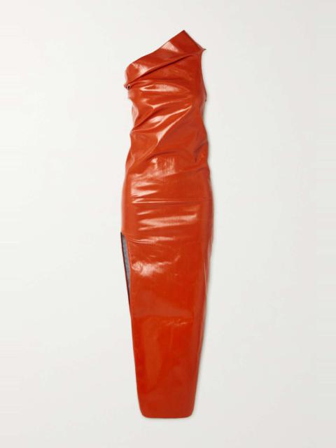 Athena one-shoulder coated-denim gown