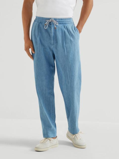 Lightweight denim trousers with drawstring and double pleats