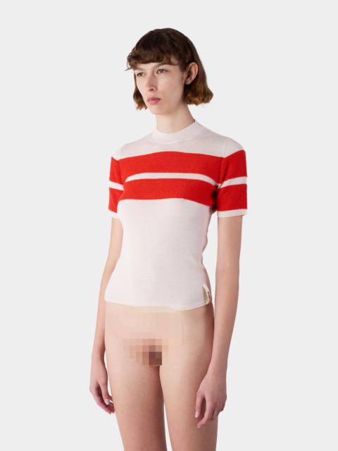 STRIPED KNIT SHORTSLEEVE TOP / off white & acid red