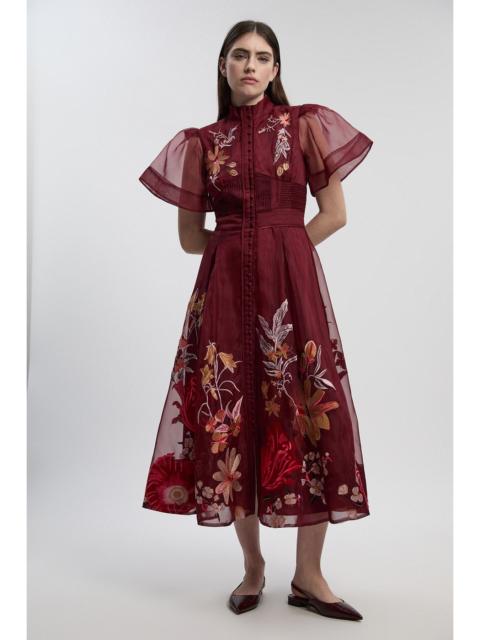 Petite Botanical Embroidery Organdie Angel Sleeve Midi Dress
