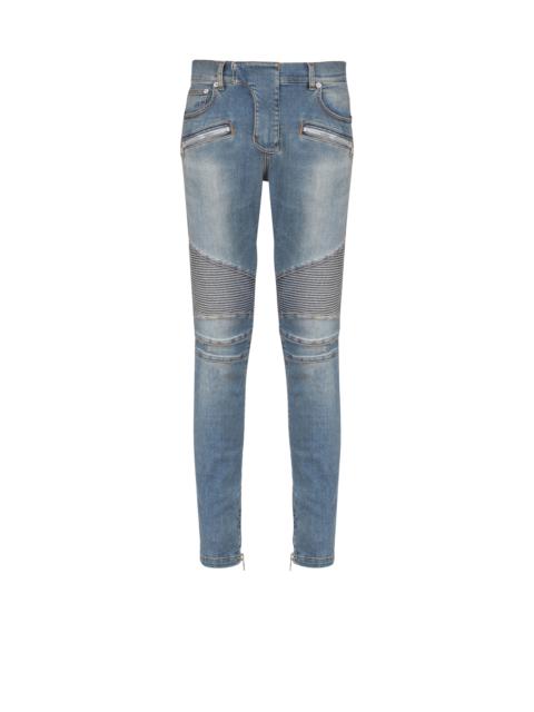 Slim-fit biker jeans in blue denim