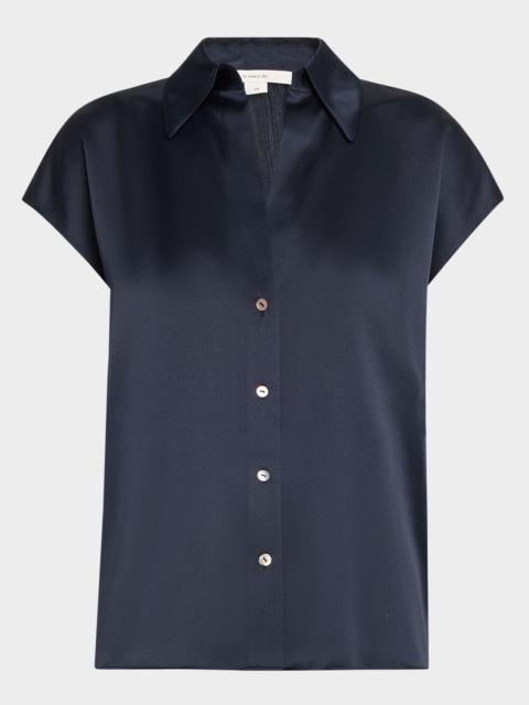 Cap-Sleeve Ruched-Back Silk Blouse