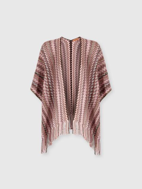 Zigzag viscose-blend poncho with fringes