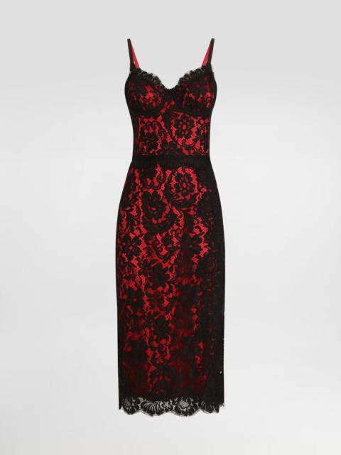 Calf-length floral lace slip dress with contrasting lining