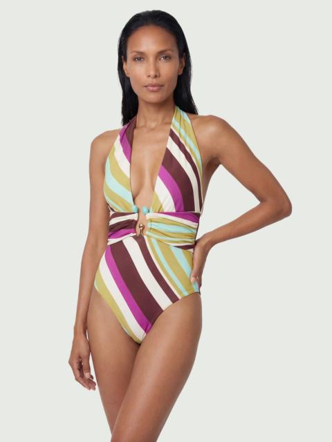 Diagonal Stripe Plunge Swimsuit With Stone Detail
