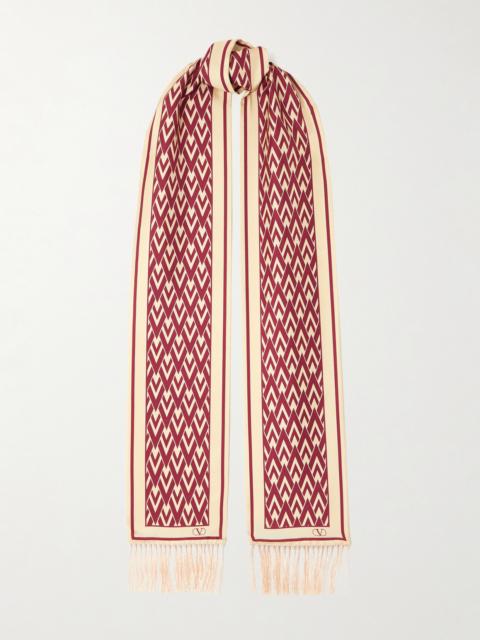 Toute La V Fringed Printed Silk-twill Scarf