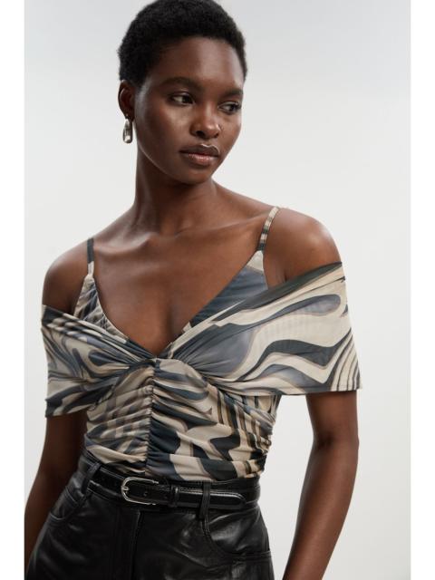 Marble Print Mesh Plunge Strappy Detail Bodysuit