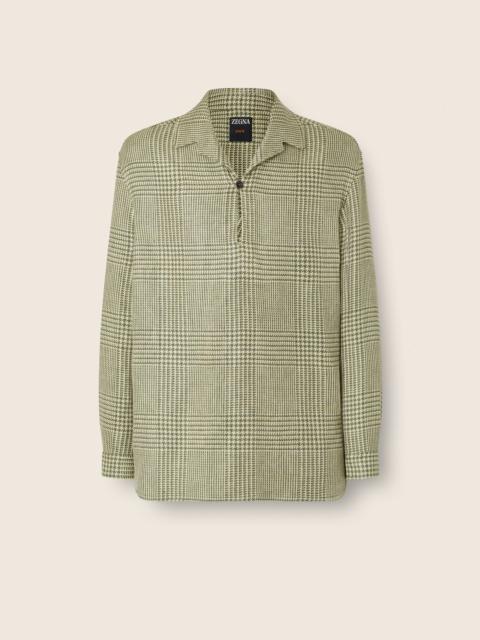 OLIVE GREEN PRINCE OF WALES CROSSOVER LINEN WOOL AND SILK SHIRT
