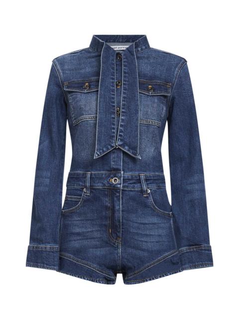 Blue stretch denim frill playsuit