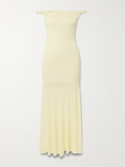 Elia Off-the-shoulder Twisted Pleated Knitted Midi Dress