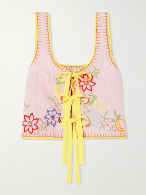 Olivia Tie-detailed Embroidered Linen Top