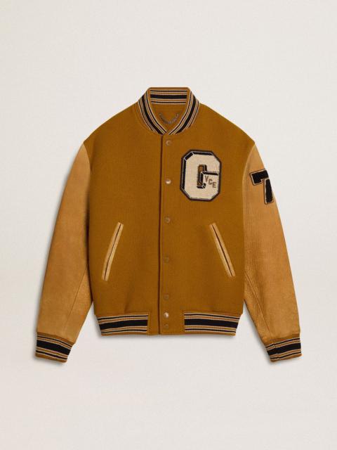 Ochre yellow wool bomber jacket with leather sleeves