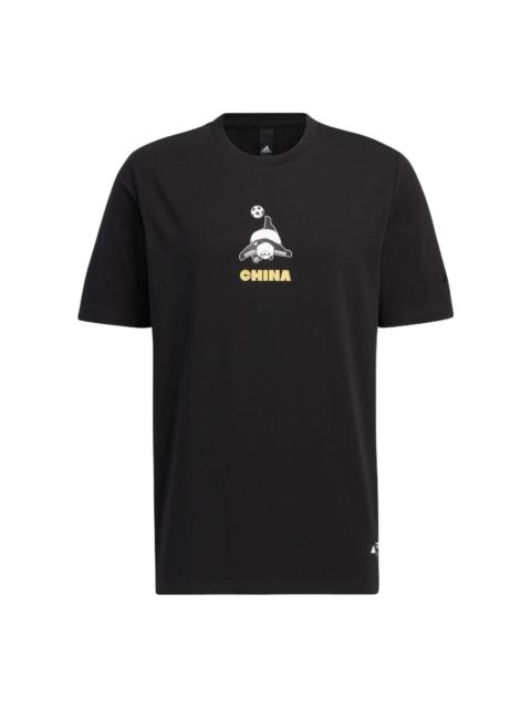 Men's adidas Cartoon Panda Printing Round Neck Casual Short Sleeve Black T-Shirt HS4398