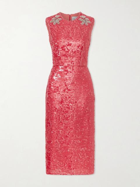 Crystal-embellished Sequined Satin Midi Dress