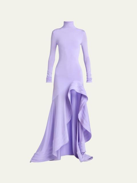 Crepe Jersey Frill Long-Sleeve High-Low Dress