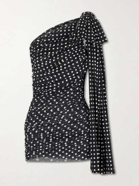 One-shoulder Draped Polka-dot Jersey Mini Dress