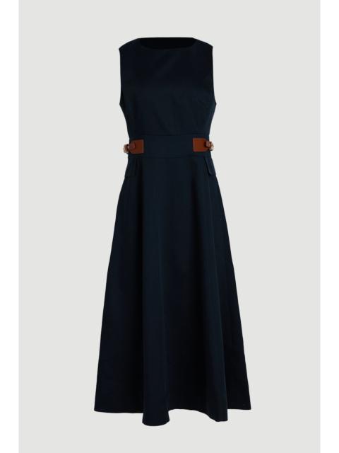 Tailored Linen Tab Waist Detail Full Skirt Midi Dress