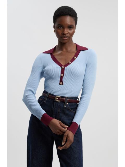 Knit Rib With Contrast Hem Detail Collared Top