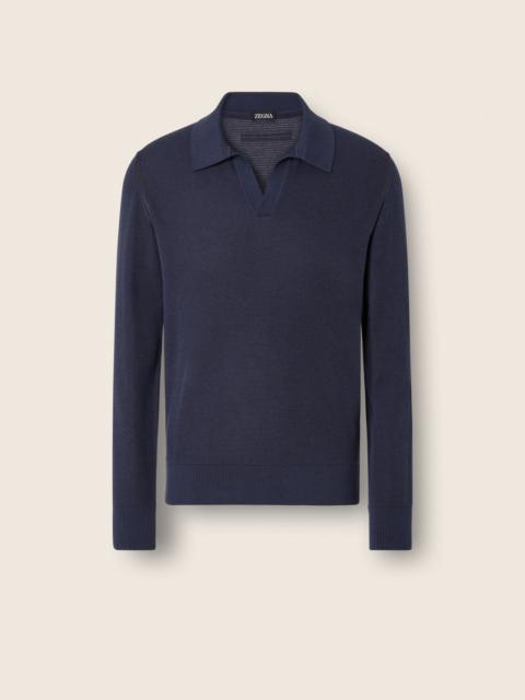 DARK INDIGO BLUE MÉLANGE CASHMERE AND SILK POLO SHIRT