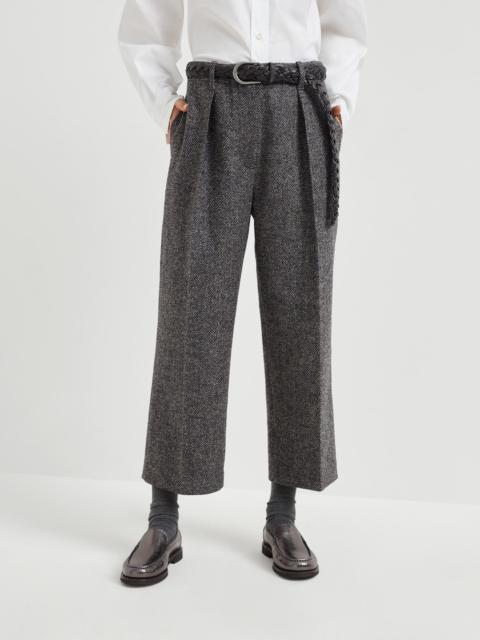 Virgin wool herringbone tweed pleated trousers