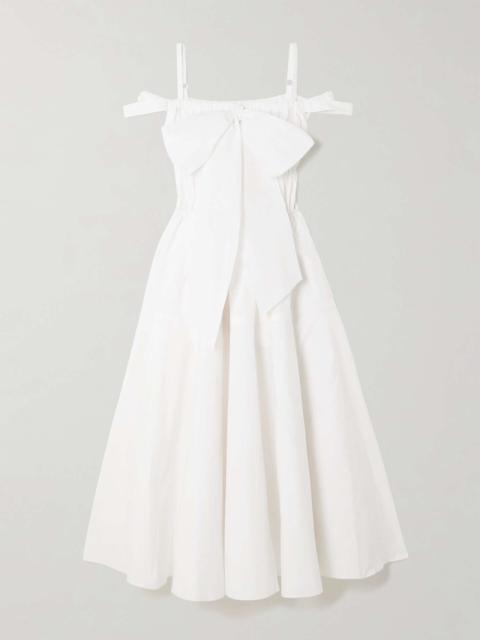 Cold-shoulder bow-detailed shirred poplin maxi dress