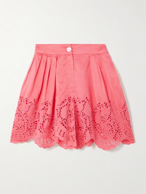 Kenya Pleated Broderie Anglaise Cotton And Silk-blend Shorts