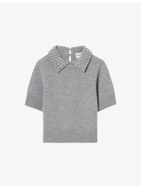 Pearl-Embellished Short-Sleeve Wool And Cashmere-Blend Top