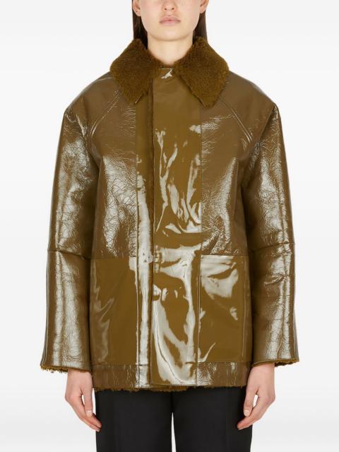 patent-leather shearling-collar jacket