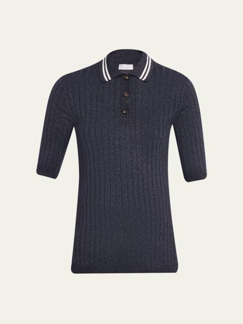Shimmering Cashmere Rib Short-Sleeve Polo Sweater