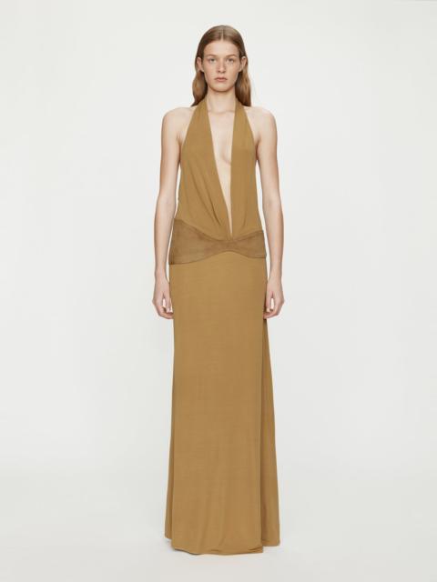 Contour Suede Belted Jersey Halter Gown