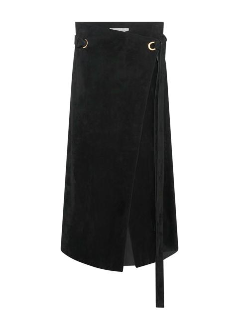 Idalia Wrap Midi Skirt in Black Suede