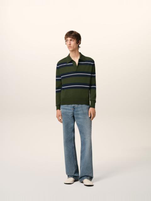 GREEN WOOL SILK TONAL STRIPED POLO