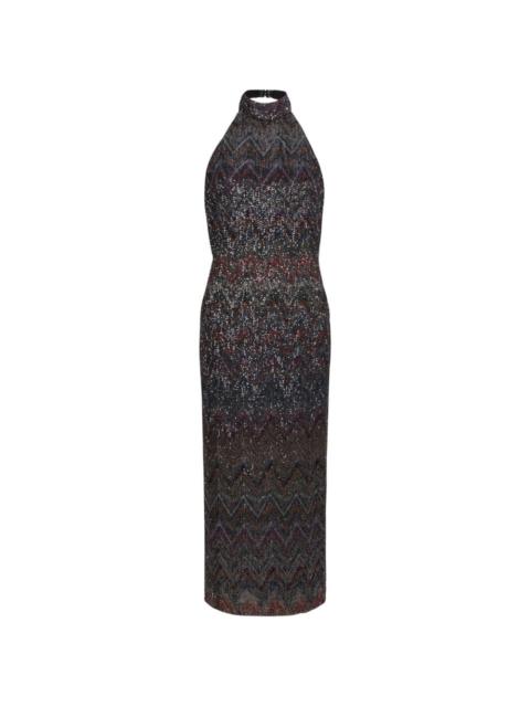 chevron-pattern halterneck maxi dress