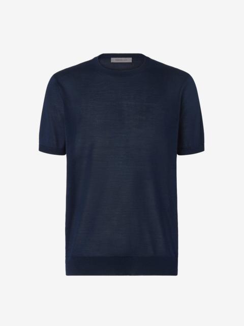 Navy blue pure silk crew neck knitwear