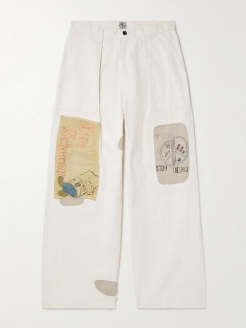 Fatigue Wide-Leg Patchwork Cotton-Twill Trousers Ecru