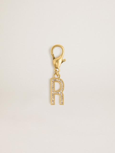 Letter R charm in gold-colored brass with crystals