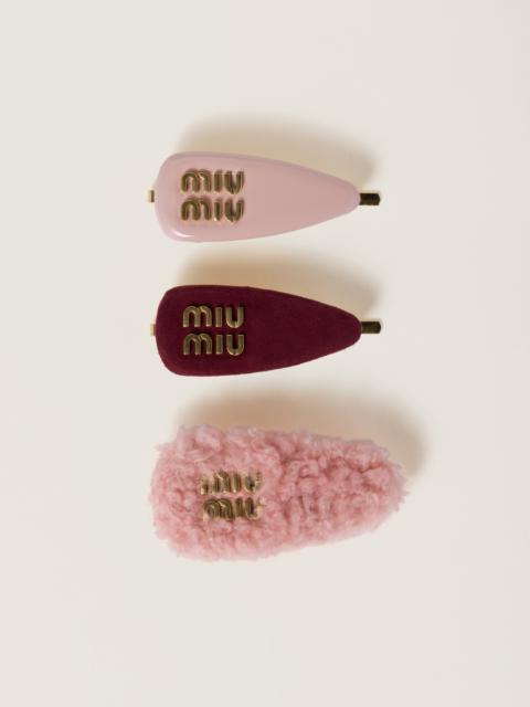 Set of leather, suede, and shearling hair clips