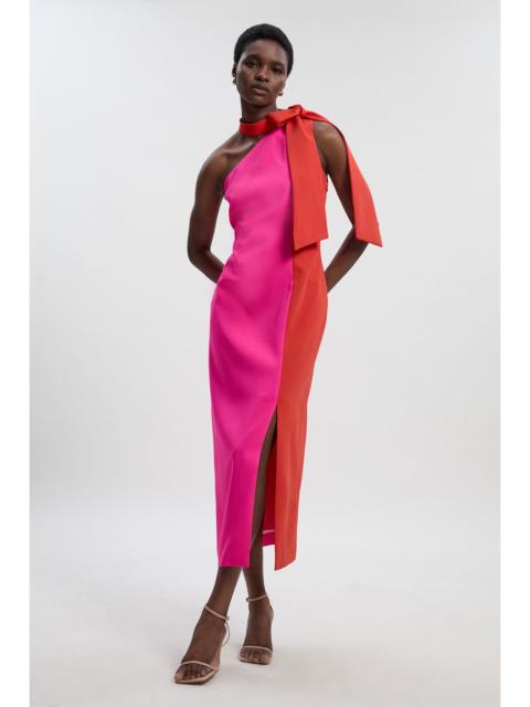 Soft Tailored Colour Block Bow Tie Neck Midi Dress