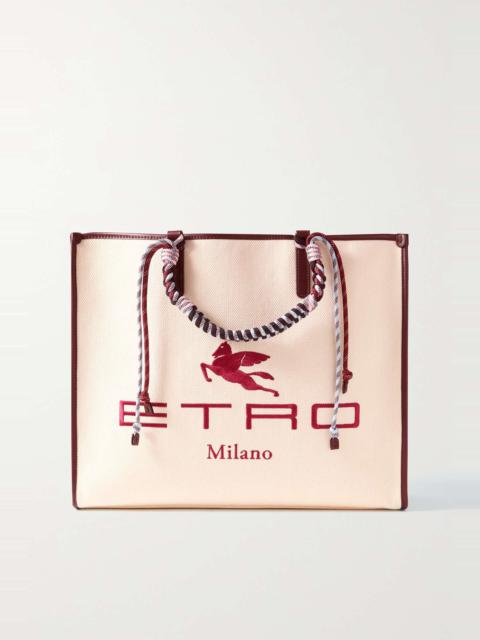 Globetrotter leather-trimmed embroidered canvas tote