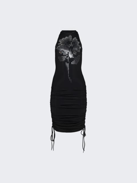 Mirrored Flower Hotfix Ruched Mini Dress Black And Silver