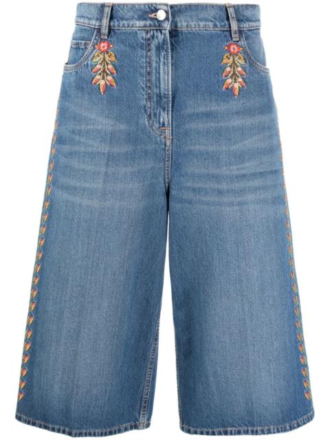 floral-embroidered wide-leg denim culottes