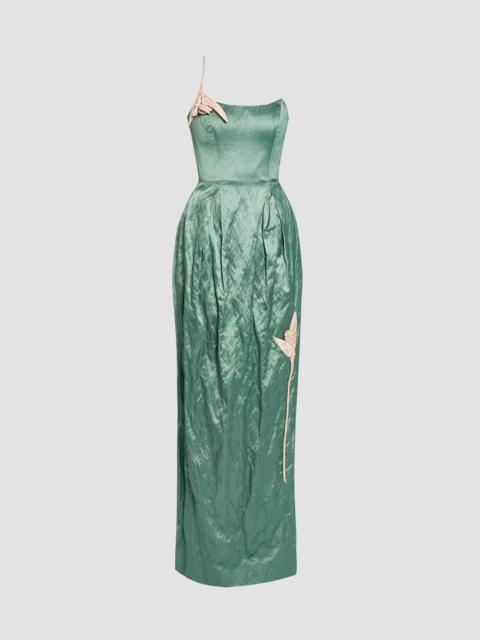 EMBROIDERED TEXTURED SATIN SLEEVELESS GOWN