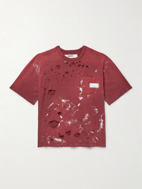 Savage Distressed Paint-Splattered Cotton-Jersey T-Shirt Red