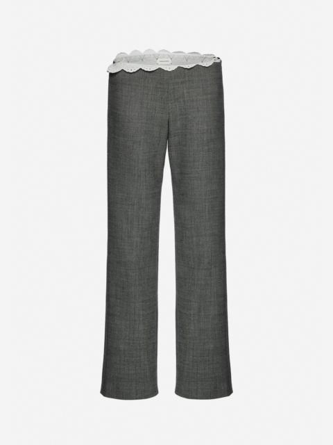 Low-rise wool trousers with lace waistband in grey