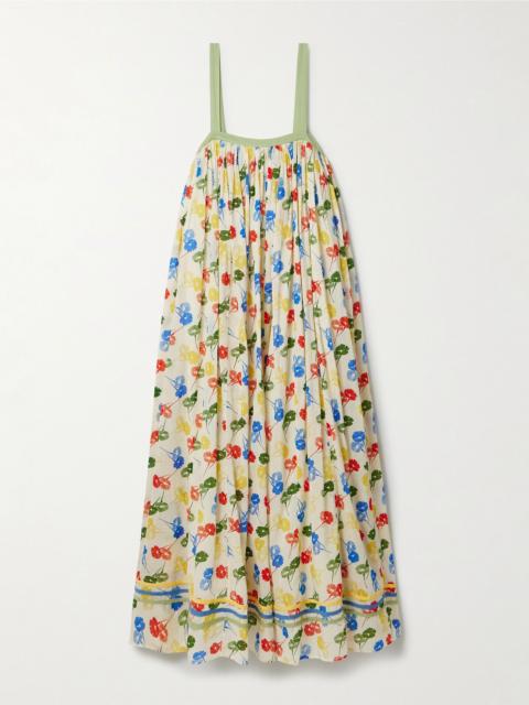 Gathered floral-print cotton-voile maxi dress Multi