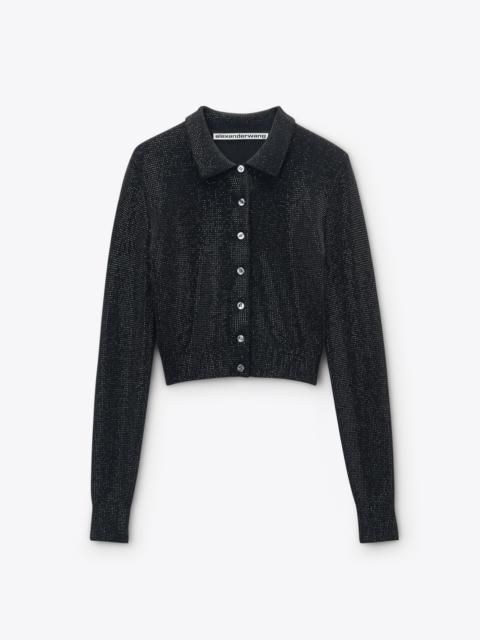 Black Wool-Blend Hotfix Polo Cardigan