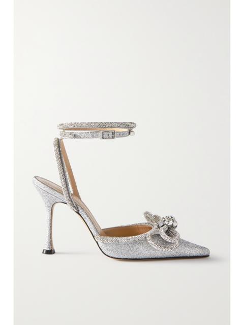 Double Bow Crystal-embellished Glittered Leather Point-toe Pumps
