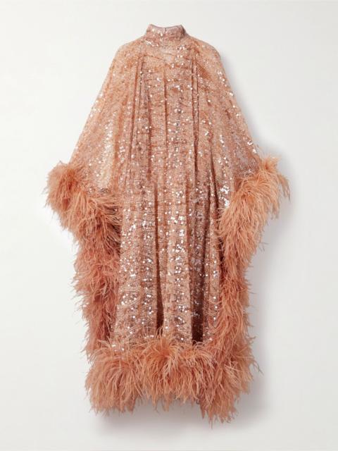 Casta Diva Sublime oversized feather-trimmed sequined tulle gown Blush