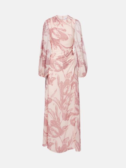 Draped floral silk voile gown