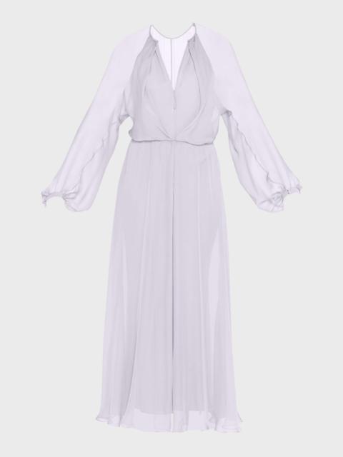 Zip-Front Long-Sleeve Silk Chiffon Layered Gown